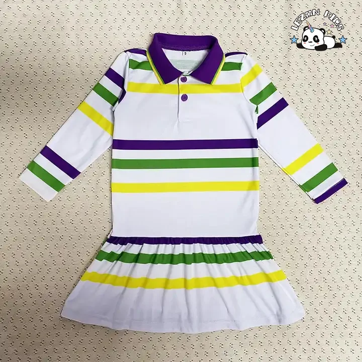 LEZONKIDS - Vestidos de Meninas Personalizáveis para Festa com Listras Roxas, Verdes e Douradas de Manga Longa para Mardi Gras da Primavera